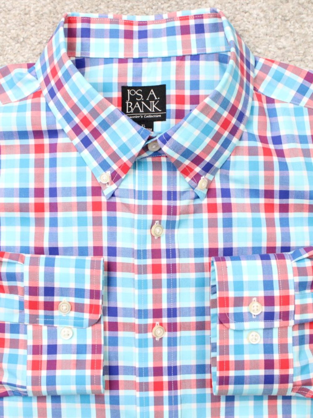 Jos. A. Bank Shirt Mens XL Pink/Blue Traveler's Collection Cotton Long Sleeve